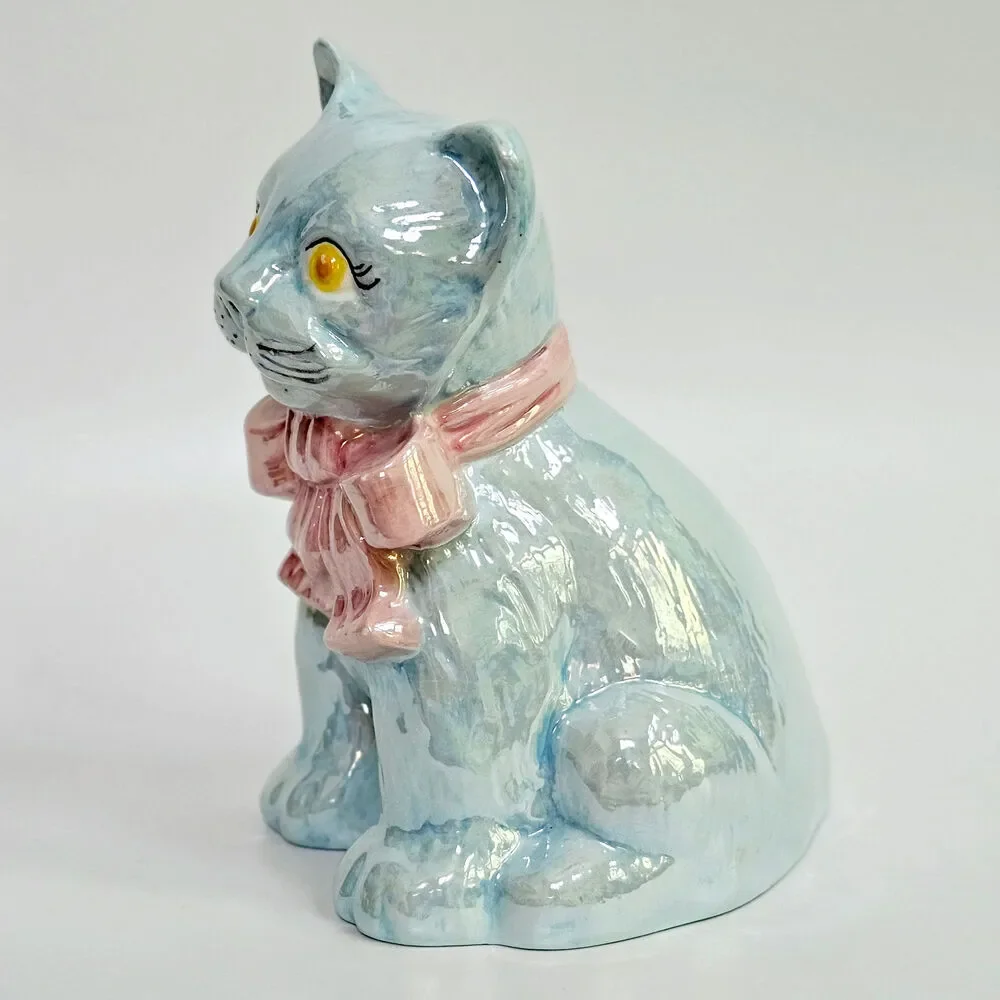 Vintage Iridescent Blue Ceramic Cat Figurine Pink Bow | Whimsical Mid-Century